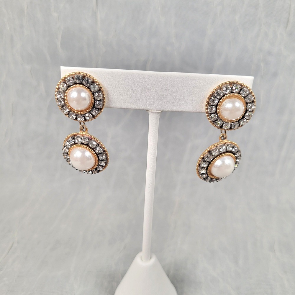 Faux Pearl Clear Rhinestone Halo Drop Earrings White Statement Style Gold Tone